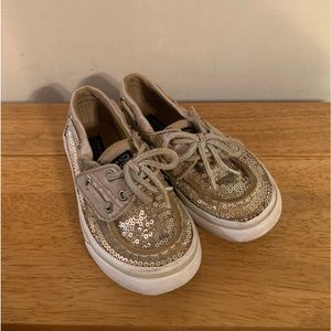 Sperry Bahama Jr Silver Top Sliders Velcro Gold Sequin Toddler Size 8.5M
